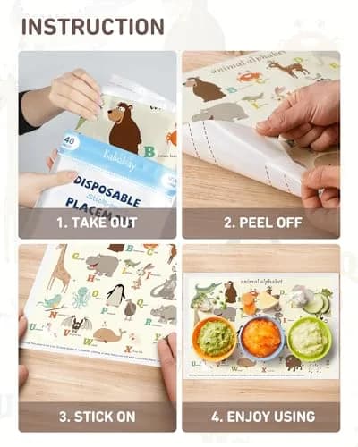 Babebay Disposable Stick-On Placemats for Baby, 40 Pack, Animal Alphabet | Waterproof, Food-Grade Plastic, Vibrant Animal Design thumbnail 7