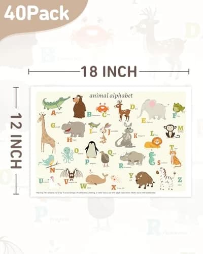 Babebay Disposable Stick-On Placemats for Baby, 40 Pack, Animal Alphabet | Waterproof, Food-Grade Plastic, Vibrant Animal Design thumbnail 8