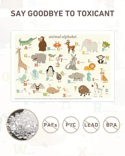Babebay Disposable Stick-On Placemats for Baby, 40 Pack, Animal Alphabet | Waterproof, Food-Grade Plastic, Vibrant Animal Design thumbnail 2