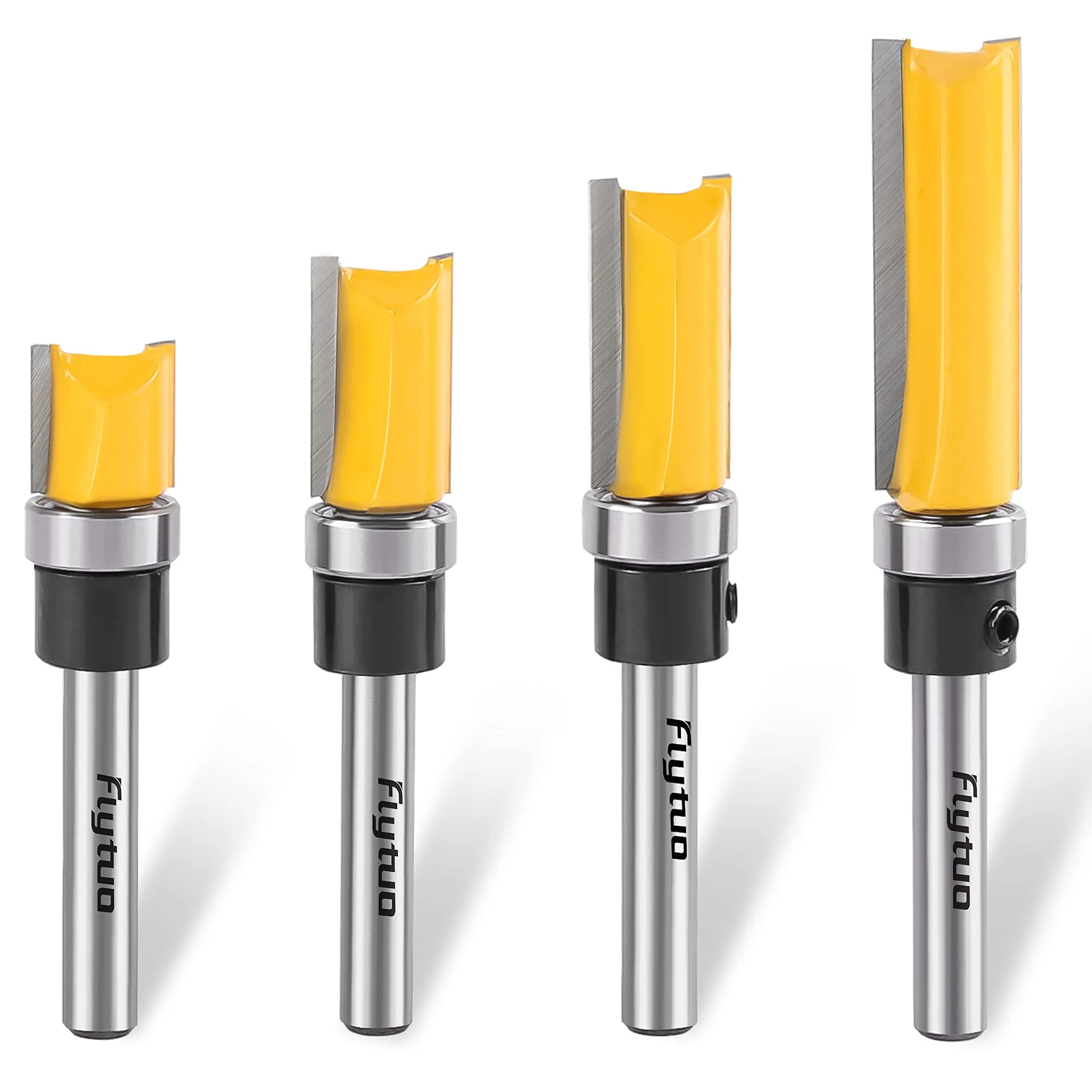 Flytuo 4-Piece Pattern Flush Trim Router Bit Set 1/4" Shank, 1/2" (12.7mm) Cutting Dia | Professional Carbide Top Bearing Kit