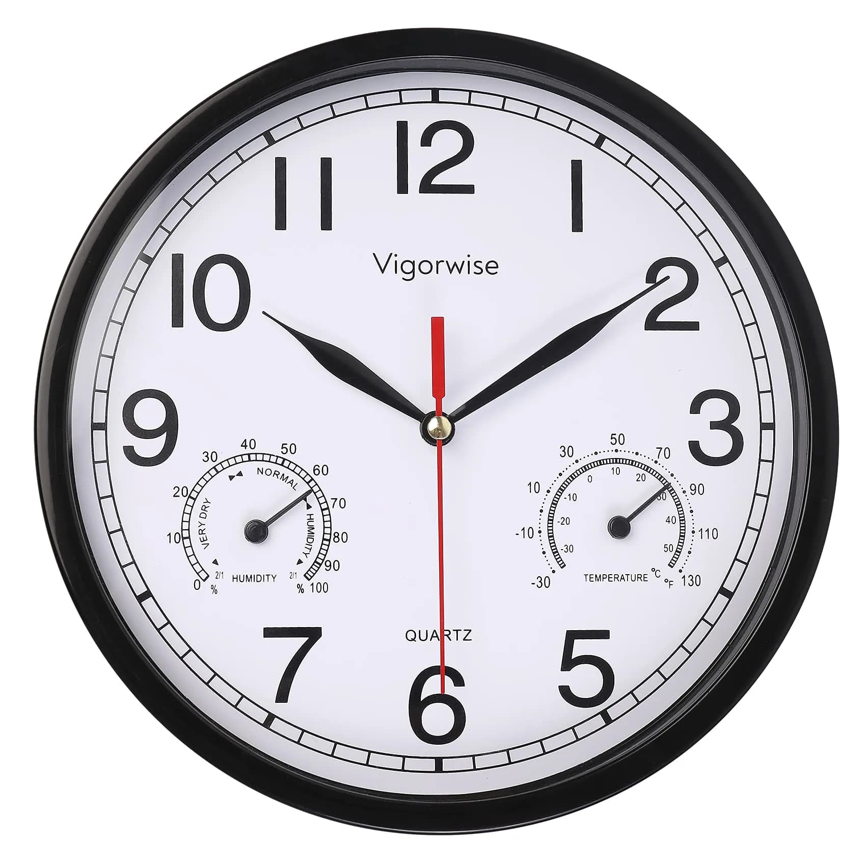 Vigorwise 8 Inch White Wall Clock Silent Wall Clocks with Temperature | Modern Home Decor with Thermo-Hygrometer — Black / 8 inches