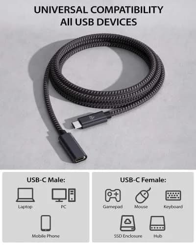 Faracent USB C Extension Cable 10ft (3m) | 10Gbps Data & 140W Fast Charging, 4K@60Hz HD Output thumbnail 5