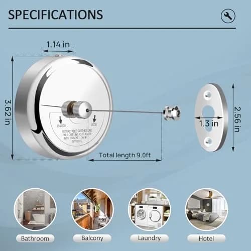 Clatoon Retractable Clothesline 2.7m (9ft) | Heavy Duty 304 Stainless Steel Drying Rope for Indoor & Outdoor Use thumbnail 5