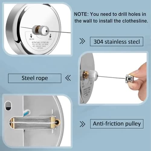 Clatoon Retractable Clothesline 2.7m (9ft) | Heavy Duty 304 Stainless Steel Drying Rope for Indoor & Outdoor Use thumbnail 2