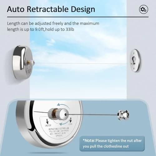Clatoon Retractable Clothesline 2.7m (9ft) | Heavy Duty 304 Stainless Steel Drying Rope for Indoor & Outdoor Use thumbnail 4