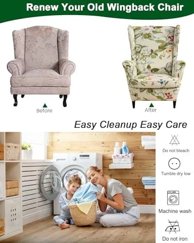 CRFATOP Wingback Chair Covers 2-Piece Set (1 Wing Cover + 1 Cushion Cover) | Stretch Polyester Spandex Blend, Floral Pattern, Modern Style thumbnail 4
