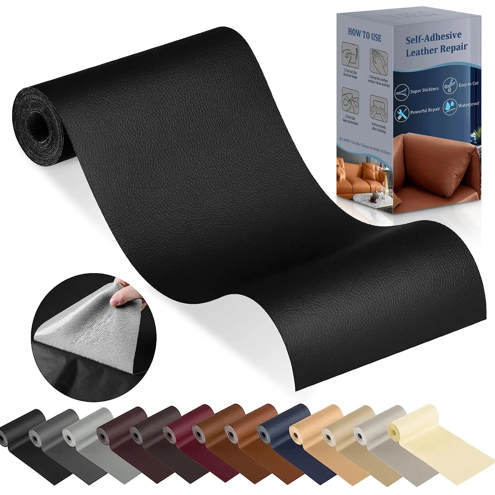 YAFLC Self Adhesive Leather Repair Patch 160cm x 10.2cm (63" x 4") | Quick Fix for Furniture & Car Seats — Black / 4" x 63"