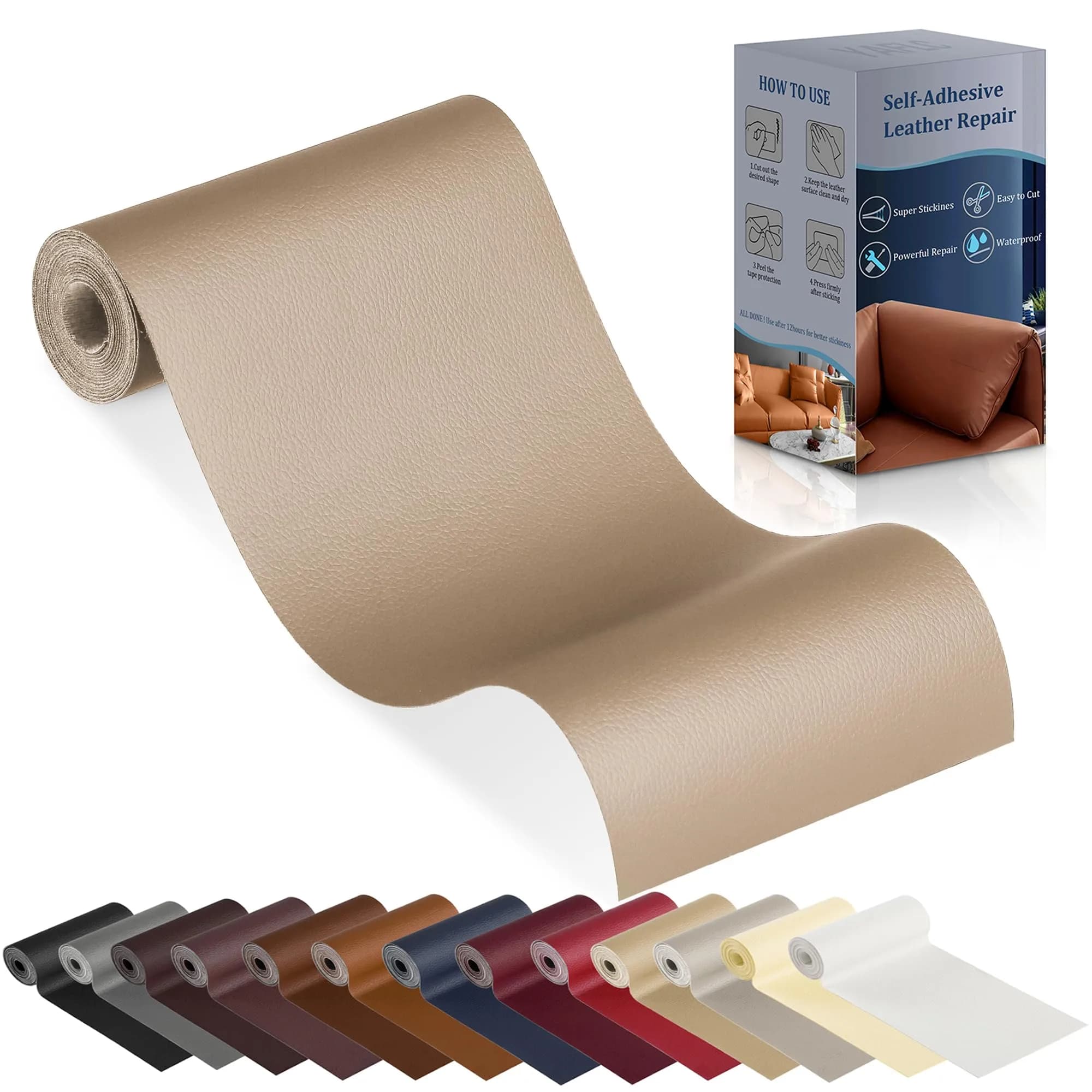 YAFLC Self Adhesive Leather Repair Patch 160cm x 10.2cm (63" x 4") | Quick Fix for Furniture & Car Seats — Medium Beige