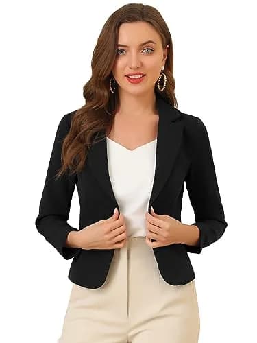 Allegra K Women's Open Front Crop Suit Blazer Medium Black-Solid with Tone-on-Tone Floral Print | 53.6 cm (21.1 inches) Length thumbnail 1