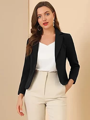 Allegra K Women's Open Front Crop Suit Blazer Medium Black-Solid with Tone-on-Tone Floral Print | 53.6 cm (21.1 inches) Length thumbnail 4