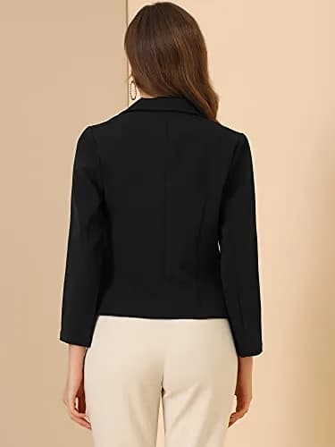 Allegra K Women's Open Front Crop Suit Blazer Medium Black-Solid with Tone-on-Tone Floral Print | 53.6 cm (21.1 inches) Length thumbnail 5