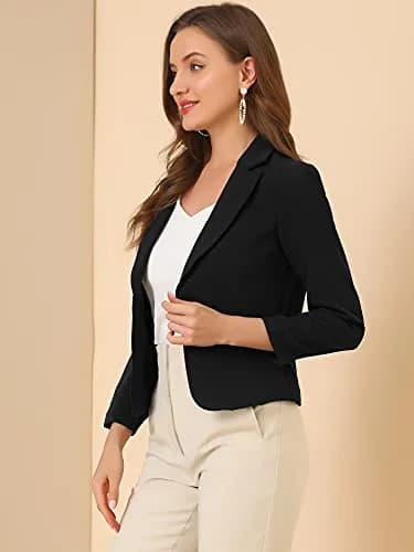 Allegra K Women's Open Front Crop Suit Blazer Medium Black-Solid with Tone-on-Tone Floral Print | 53.6 cm (21.1 inches) Length thumbnail 2