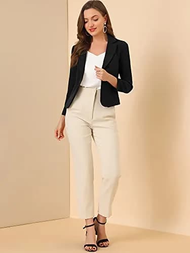 Allegra K Women's Open Front Crop Suit Blazer Medium Black-Solid with Tone-on-Tone Floral Print | 53.6 cm (21.1 inches) Length thumbnail 3