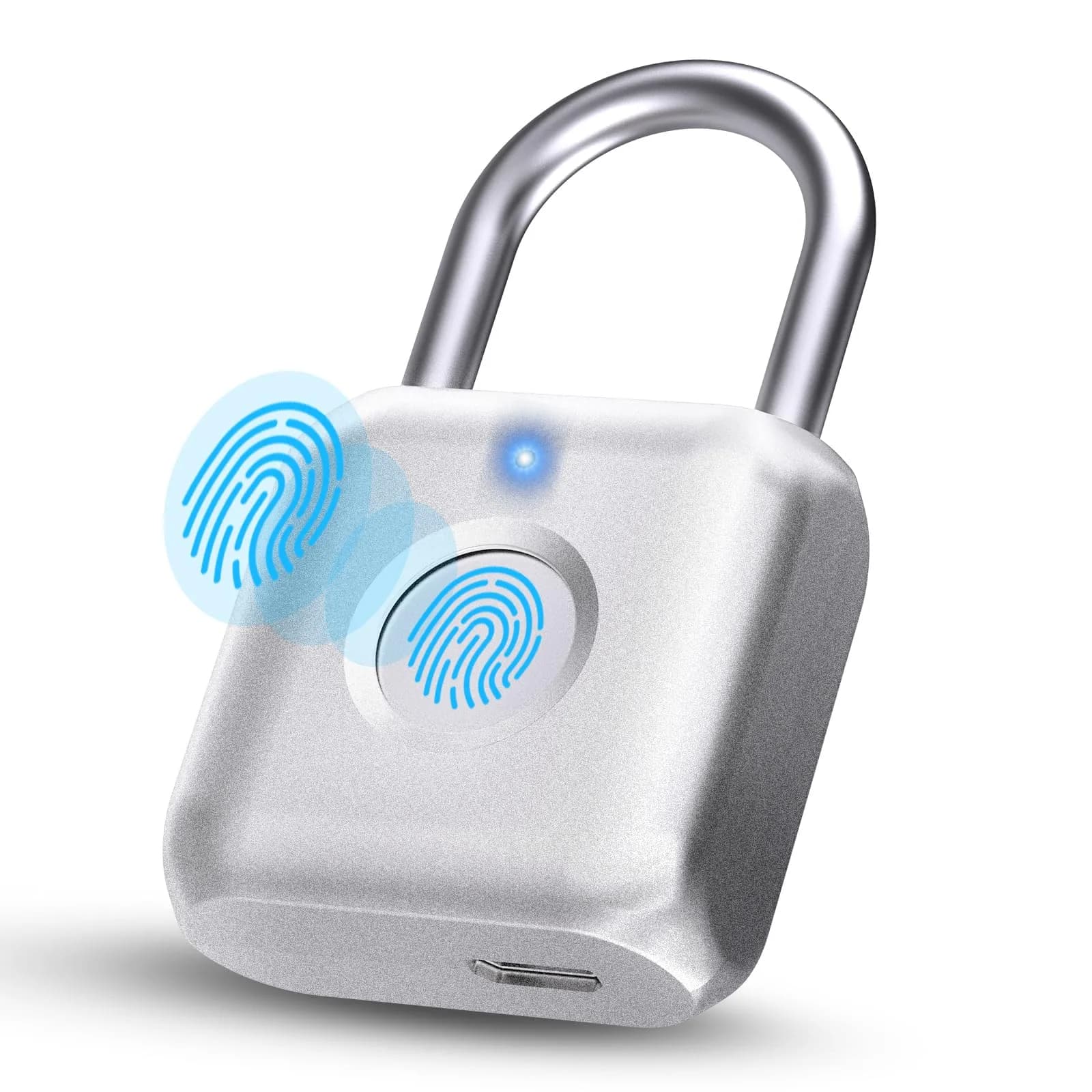 Pothunder Biometric Fingerprint Padlock Silver | Keyless Smart Lock for Gym Locker, Luggage, Backpack