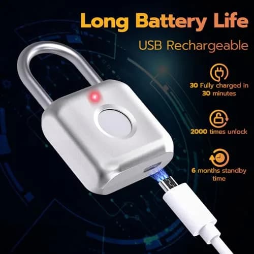 Pothunder Biometric Fingerprint Padlock Silver | Keyless Smart Lock for Gym Locker, Luggage, Backpack thumbnail 5