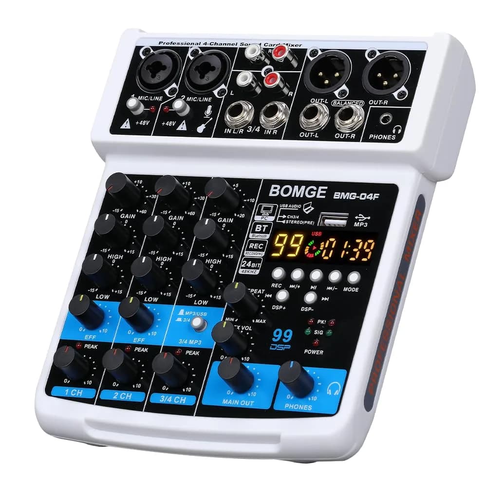 BOMGE 4 Channel mini DJ Audio Sound Mixer Interface with MP3 USB Bluetooth 48V Phantom Power 99 DSP | Compact, versatile, ideal for karaoke & streaming — WHITE-04F