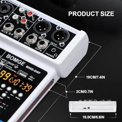 BOMGE 4 Channel Professional Audio Mixer, Sound Board Mixing Console 24.2cm (9.5in) | USB, Bluetooth, 48V Phantom Power thumbnail 7