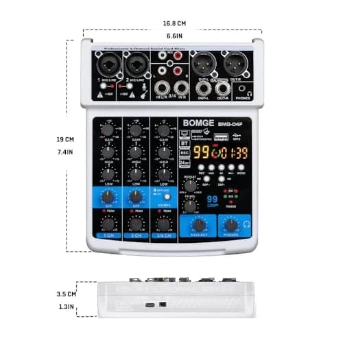 BOMGE 4 Channel Professional Audio Mixer, Sound Board Mixing Console 24.2cm (9.5in) | USB, Bluetooth, 48V Phantom Power thumbnail 9
