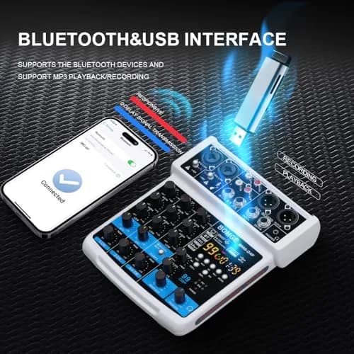 BOMGE 4 Channel Professional Audio Mixer, Sound Board Mixing Console 24.2cm (9.5in) | USB, Bluetooth, 48V Phantom Power thumbnail 2