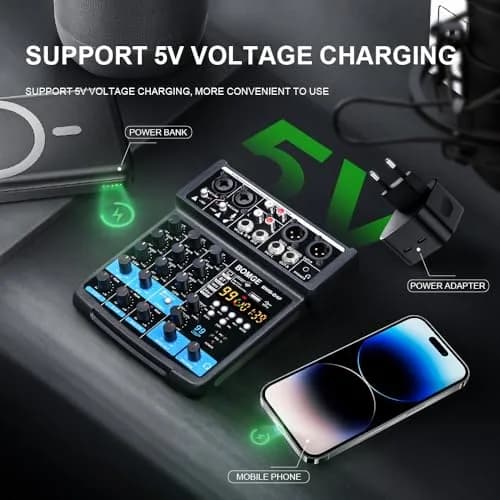 BOMGE 4 Channel mini DJ Audio Sound Mixer Interface with MP3 USB Bluetooth 48V Phantom Power 99 DSP | Compact, versatile, ideal for karaoke & streaming thumbnail 7