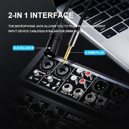 BOMGE 4 Channel mini DJ Audio Sound Mixer Interface with MP3 USB Bluetooth 48V Phantom Power 99 DSP | Compact, versatile, ideal for karaoke & streaming thumbnail 5
