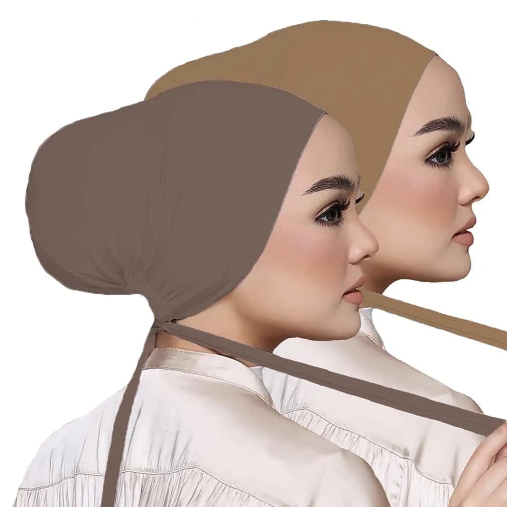 Hophor Women's Black Stretch Under Scarf Hijab Cap with Tie-Back Closure (2-Pack, White+Black) | Adjustable & Breathable Jersey — Khaki+nude(2pcs)