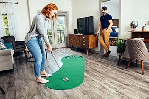 PUTT-A-BOUT Par Three Plus Golf Putting Green 3' x 9' | Kidney-Shaped Practice Mat with 3 Cups & Hazards thumbnail 4