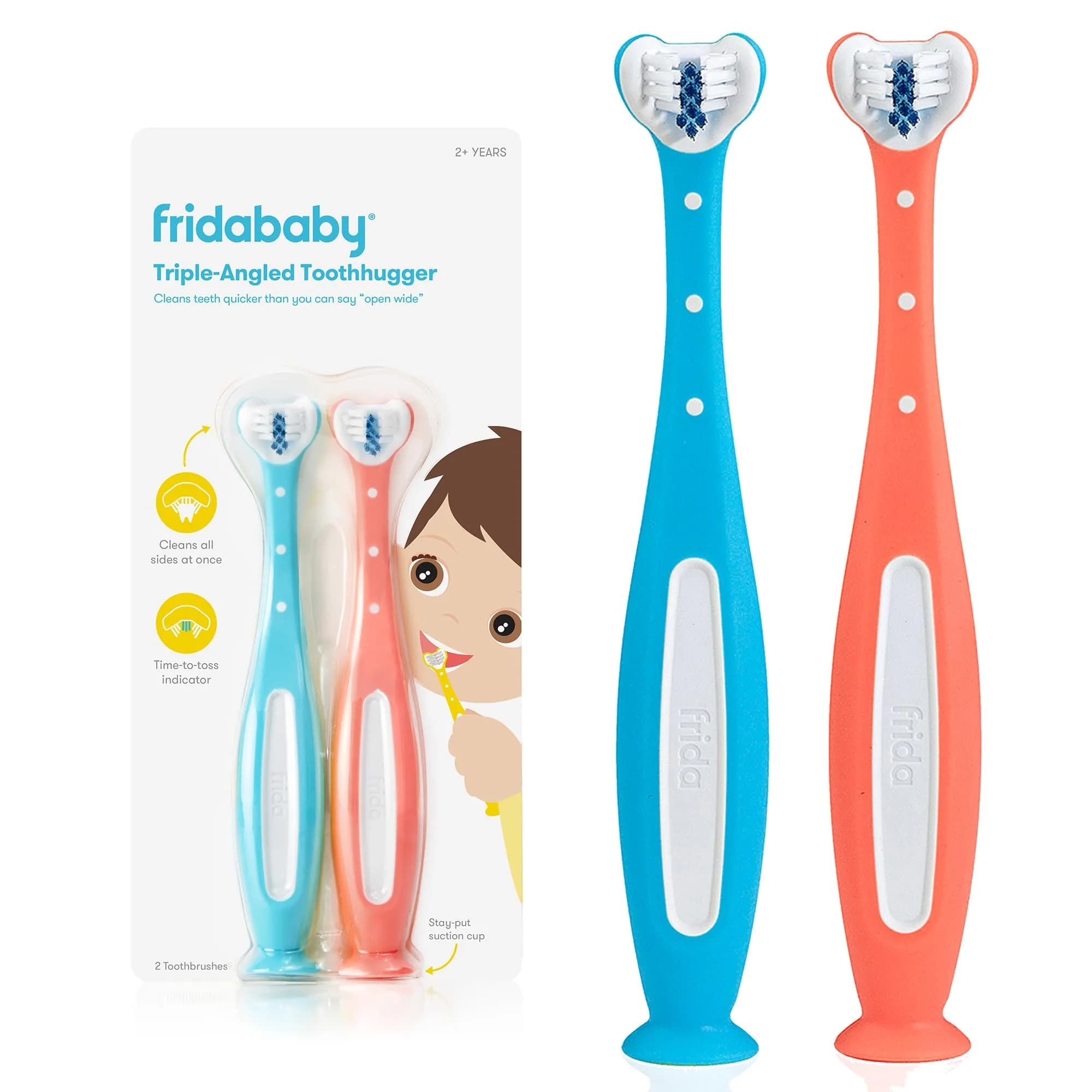 Frida Baby Triple-Angle Toothhugger Toddler Toothbrush, 2 Count (Pack of 1), Pink + Blue | U-Shaped Head Cleans All Sides