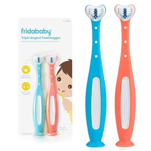 Frida Baby Triple-Angle Toothhugger Toddler Toothbrush, 2 Count (Pack of 1), Pink + Blue | U-Shaped Head Cleans All Sides thumbnail 1