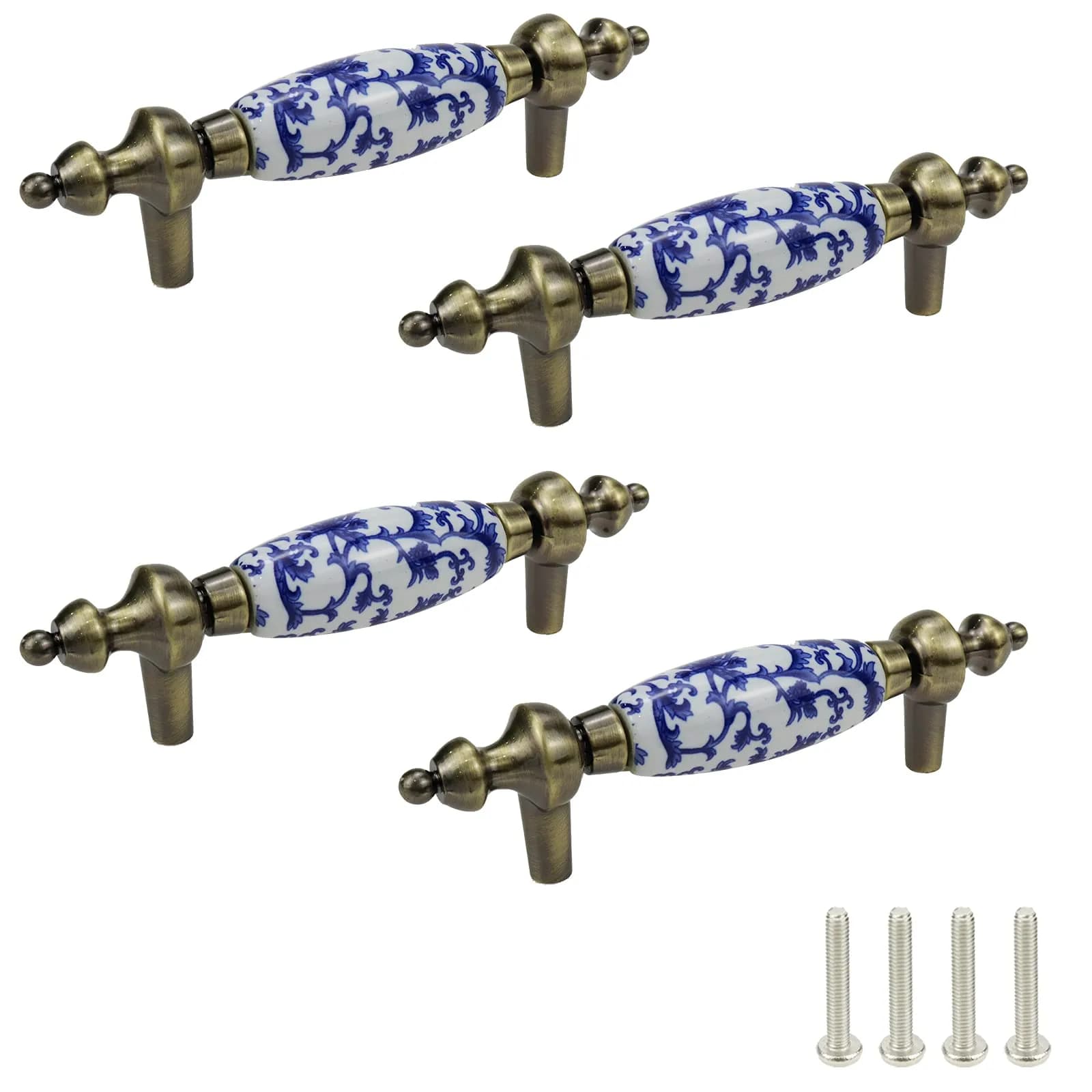 Mcredy Ceramic Cabinet Drawer Pulls 76mm (3") Hole Distance | Blue White Porcelain Chinoiserie Style, Pack of 4 — Type-5