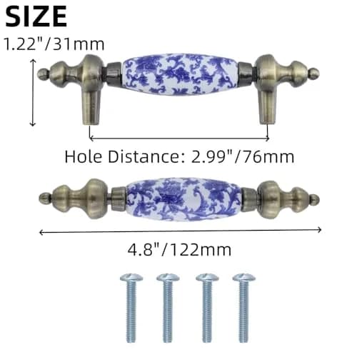 Mcredy Ceramic Drawer Pull Handle, Blue White Porcelain T-Style, 12.2cm (4.8") | 4-Piece Set with 7.6cm (3") Hole Distance thumbnail 2