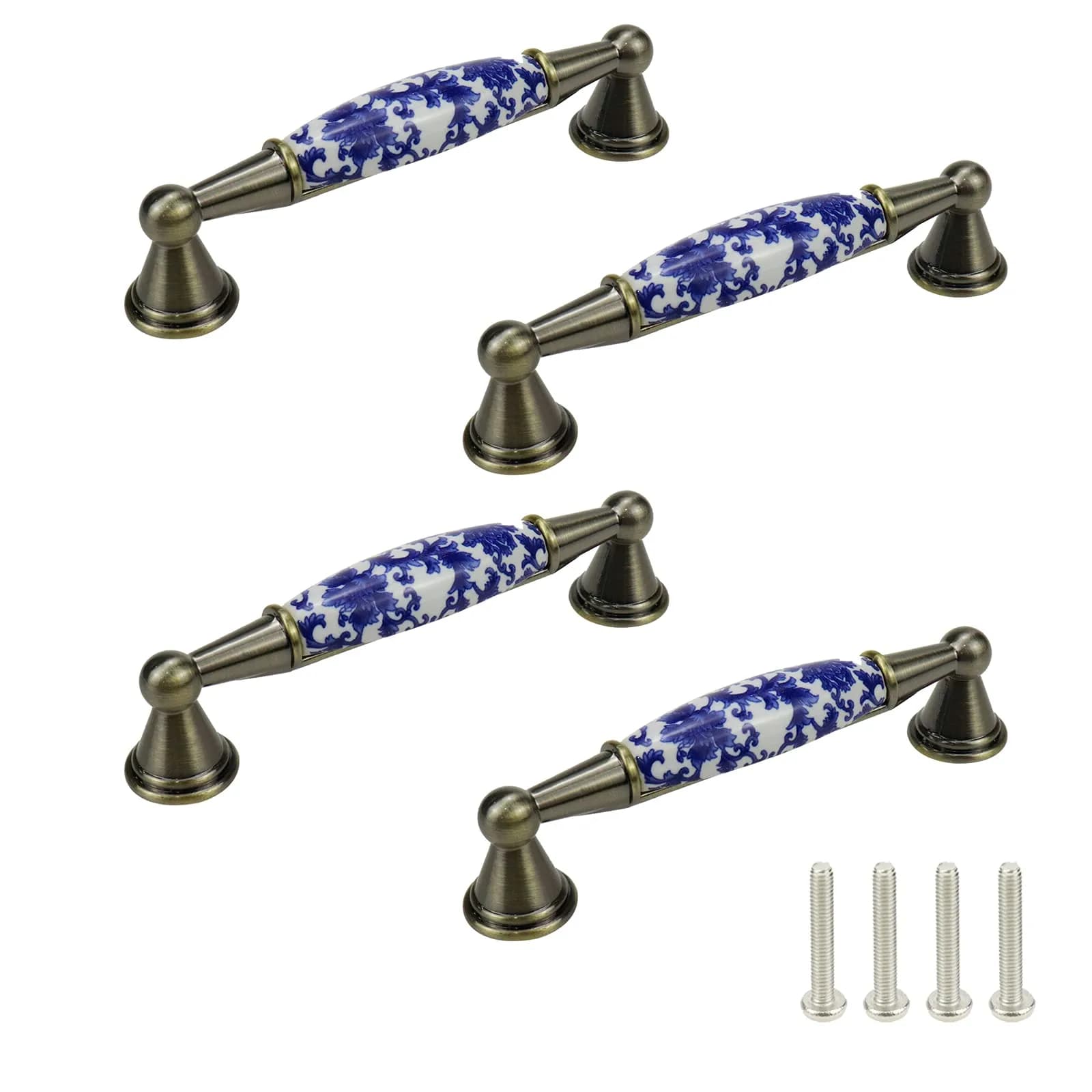 Mcredy Ceramic Cabinet Drawer Pulls 76mm (3") Hole Distance | Blue White Porcelain Chinoiserie Style, Pack of 4 — Type-6