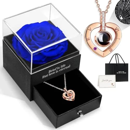 HEGUD Preserved Real Rose with I Love You Necklace in 100 Languages | Eternal Flowers for Mom Women Wife Girlfriend Grandma - Blue thumbnail 1