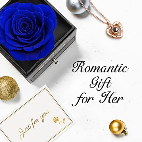HEGUD Preserved Real Rose with I Love You Necklace in 100 Languages | Eternal Flowers for Mom Women Wife Girlfriend Grandma - Blue thumbnail 7