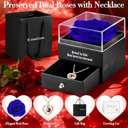 HEGUD Preserved Real Rose with I Love You Necklace in 100 Languages | Eternal Flowers for Mom Women Wife Girlfriend Grandma - Blue thumbnail 2