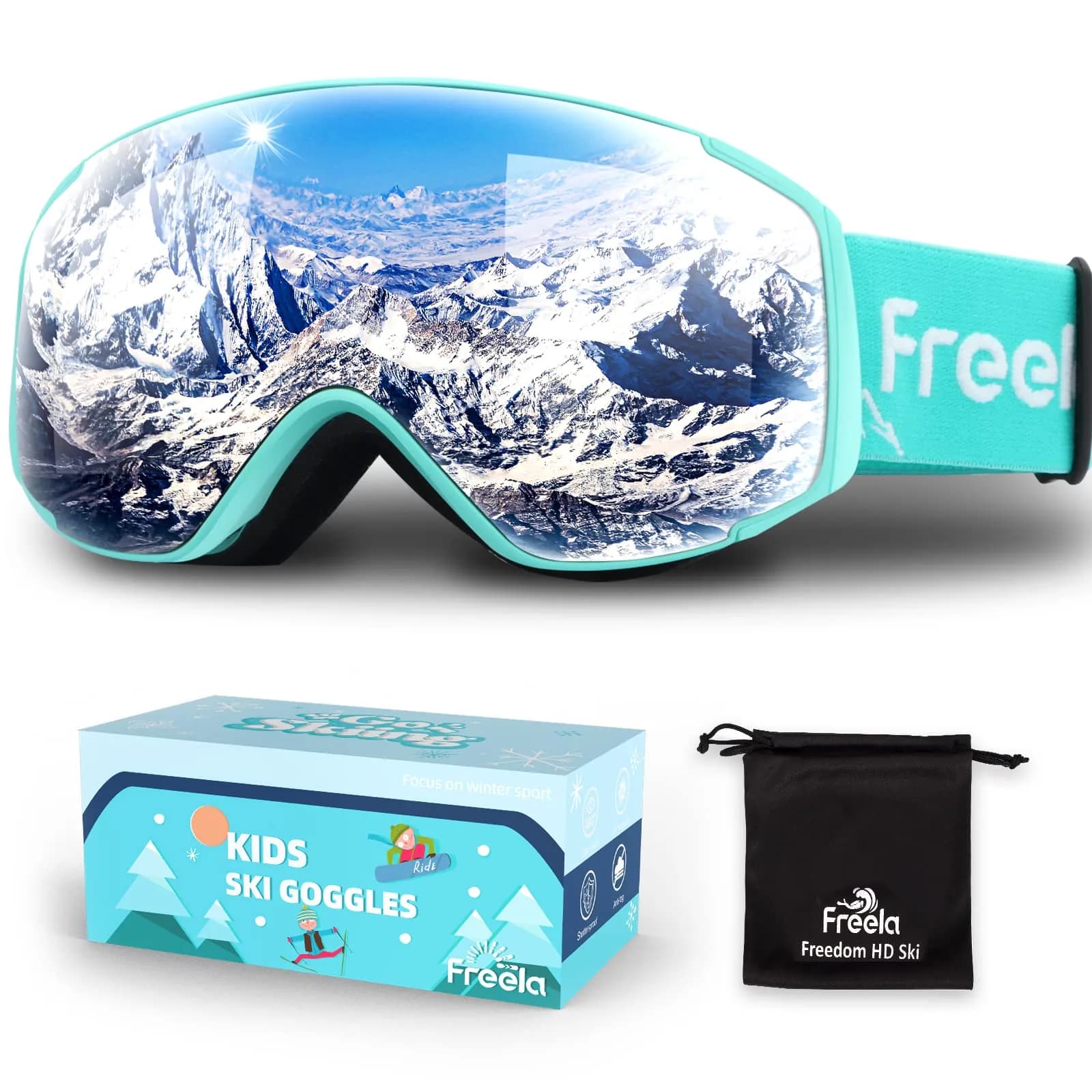 Freela Kids Ski Goggles Snowboard Snow Skiing Goggles with Helmet for Kids, Silver/Teal (1 Pack) — Silver/Teal