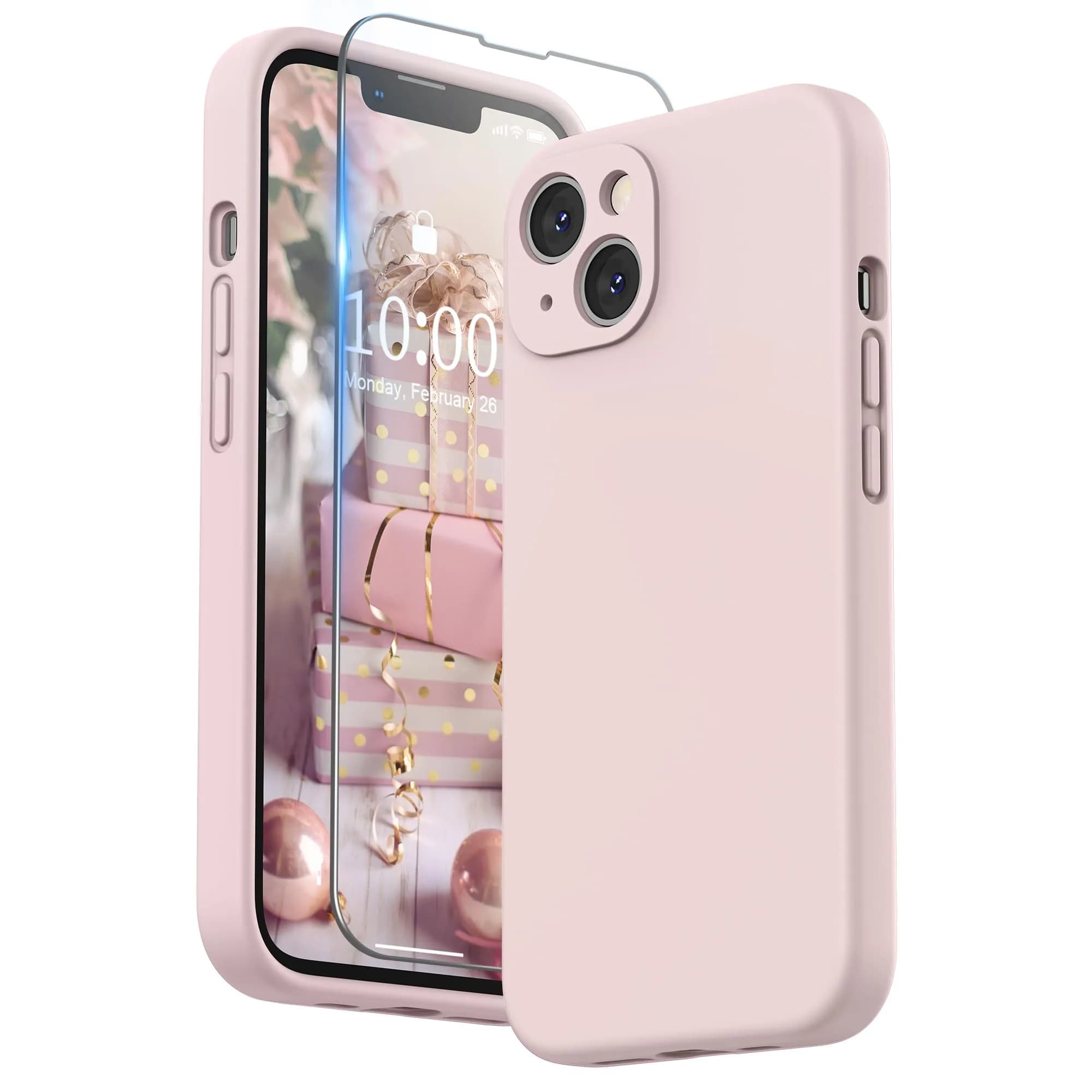 SURPHY Liquid Silicone Case for iPhone 13 (6.1 inch) with Camera Protection & Screen Protector, Mint Green | Full Body Drop Protection — Pink Sand