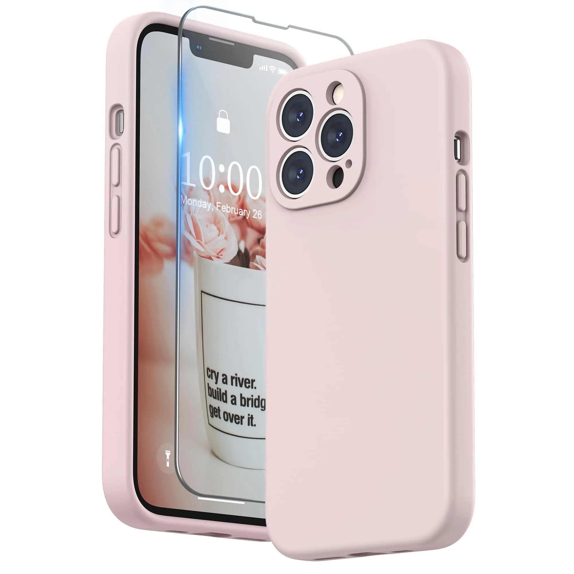SURPHY Liquid Silicone Case for iPhone 13 Pro (6.1-inch) with Screen Protector | Black — Pink Sand