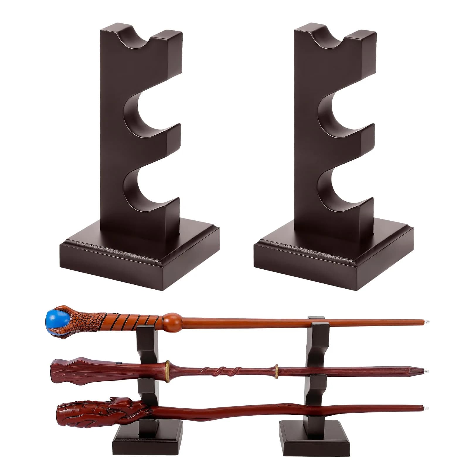 ChampWe Wizard Wand Display Stand Wooden 3 Tiered Brown | Retro Magic Wand Holder for Collection - main product image