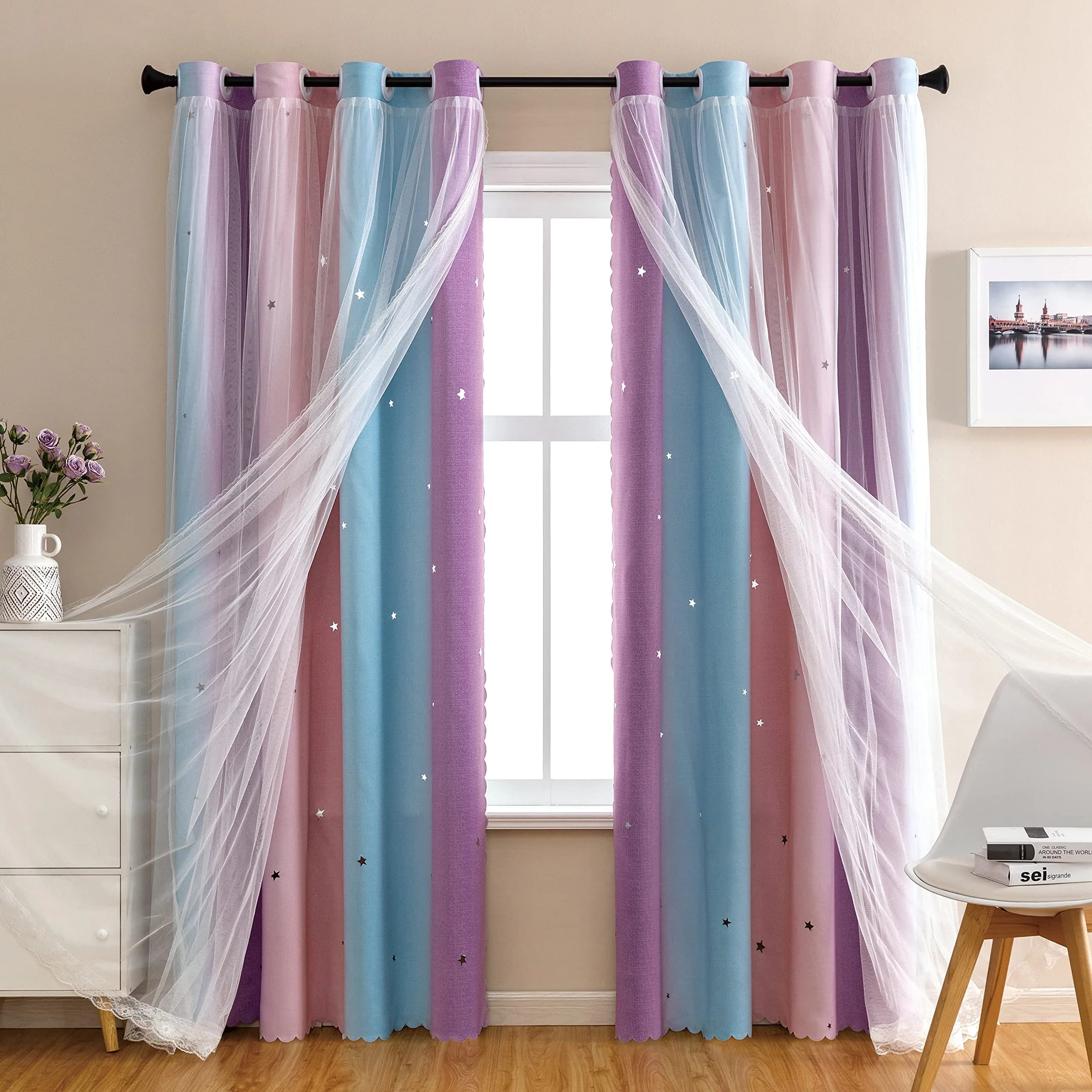 XiDi Girls Curtains for Bedroom, Purple Rainbow Blackout Curtains | Dreamy Kids Room Decor, 63" Long - main product image