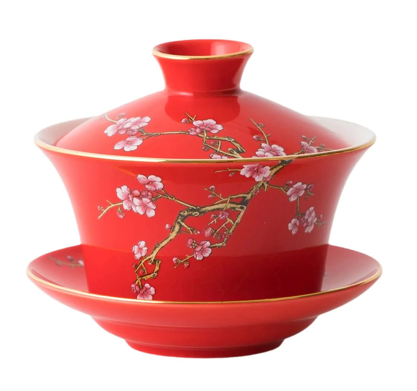 Eplze 10oz Ceramic Gaiwan Tea Cup with Embossed Plum Patterns (Red) | Traditional Chinese Teaware - main product image