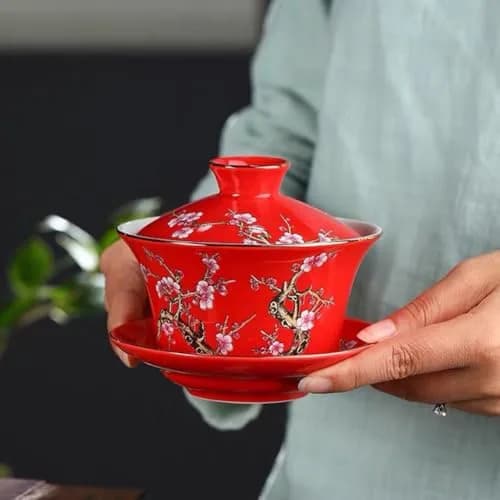 Eplze 10oz Ceramic Gaiwan Tea Cup with Embossed Plum Patterns (Red) | Traditional Chinese Teaware thumbnail 4