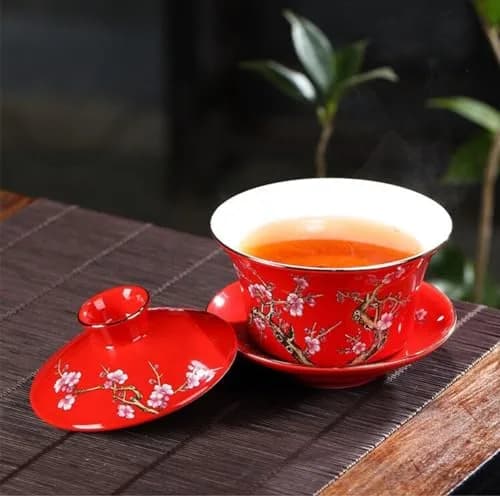 Eplze 10oz Ceramic Gaiwan Tea Cup with Embossed Plum Patterns (Red) | Traditional Chinese Teaware thumbnail 5