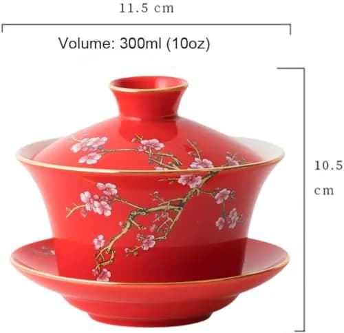 Eplze 10oz Ceramic Gaiwan Tea Cup with Embossed Plum Patterns (Red) | Traditional Chinese Teaware thumbnail 2