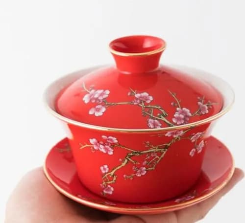 Eplze 10oz Ceramic Gaiwan Tea Cup with Embossed Plum Patterns (Red) | Traditional Chinese Teaware thumbnail 3
