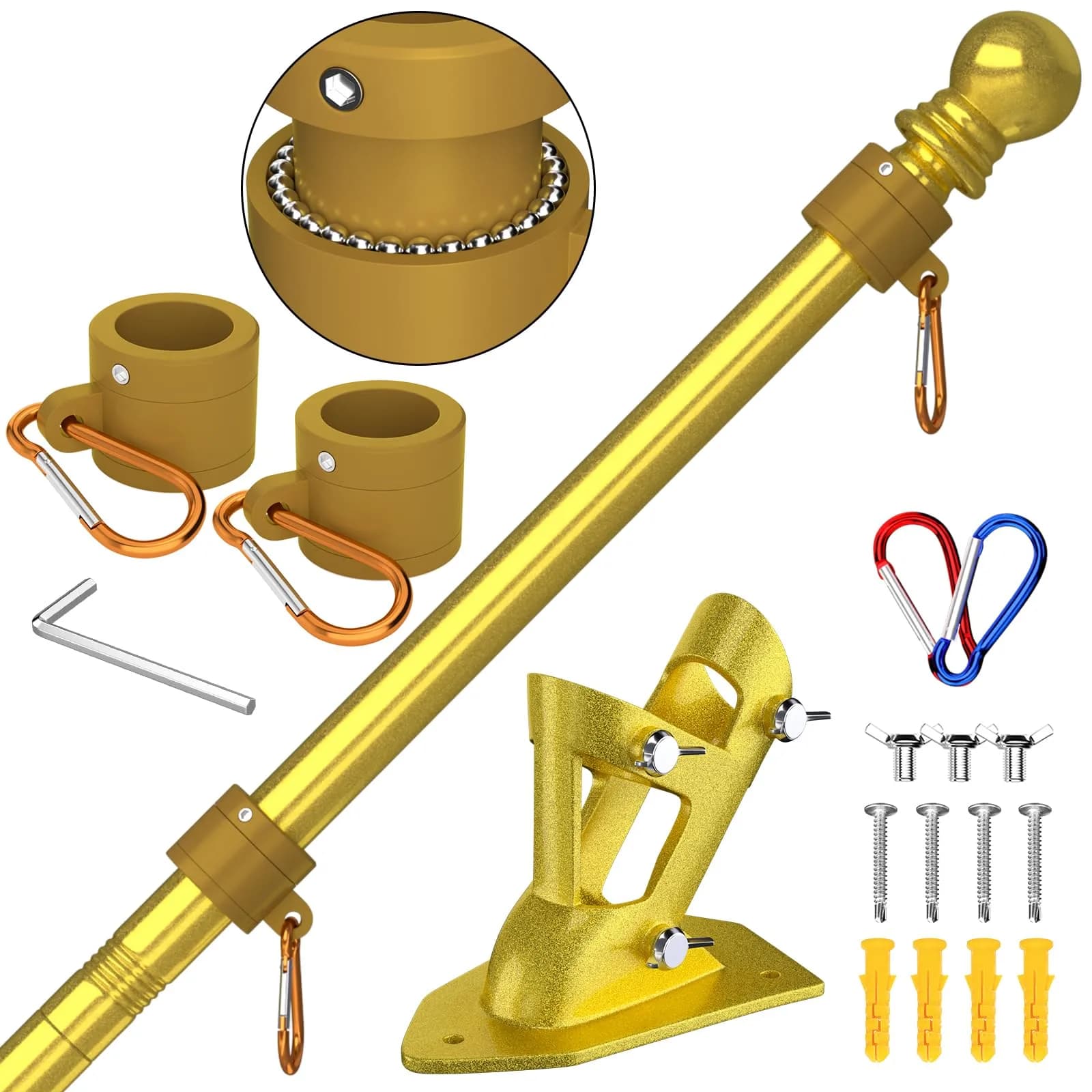 ZMTECH 6 FT Stainless Steel Flag Pole with Upgraded Bracket & Tangle-Free Rings | Adjustable Residential & Commercial Outdoor Use (Gold)