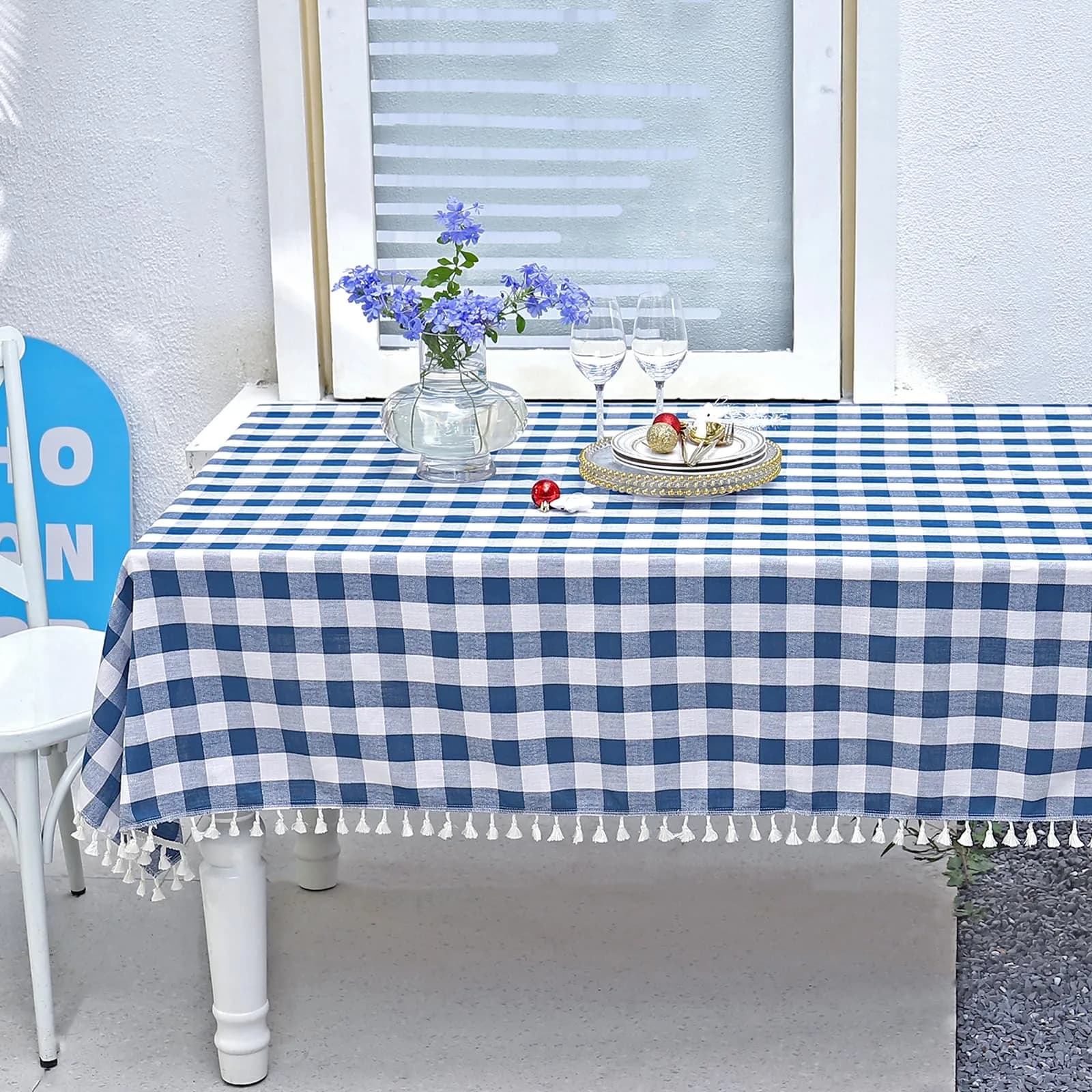 Midsummer Breeze Americana Navy Gingham Tablecloth Square 55”x55” | Farmhouse Checkered Cotton Blend - main product image