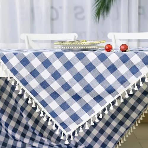 Midsummer Breeze Americana Navy Gingham Tablecloth Square 55”x55” | Farmhouse Checkered Cotton Blend thumbnail 4