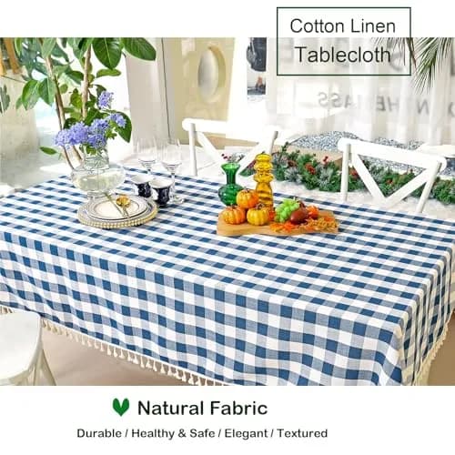 Midsummer Breeze Americana Navy Gingham Tablecloth Square 55”x55” | Farmhouse Checkered Cotton Blend thumbnail 2
