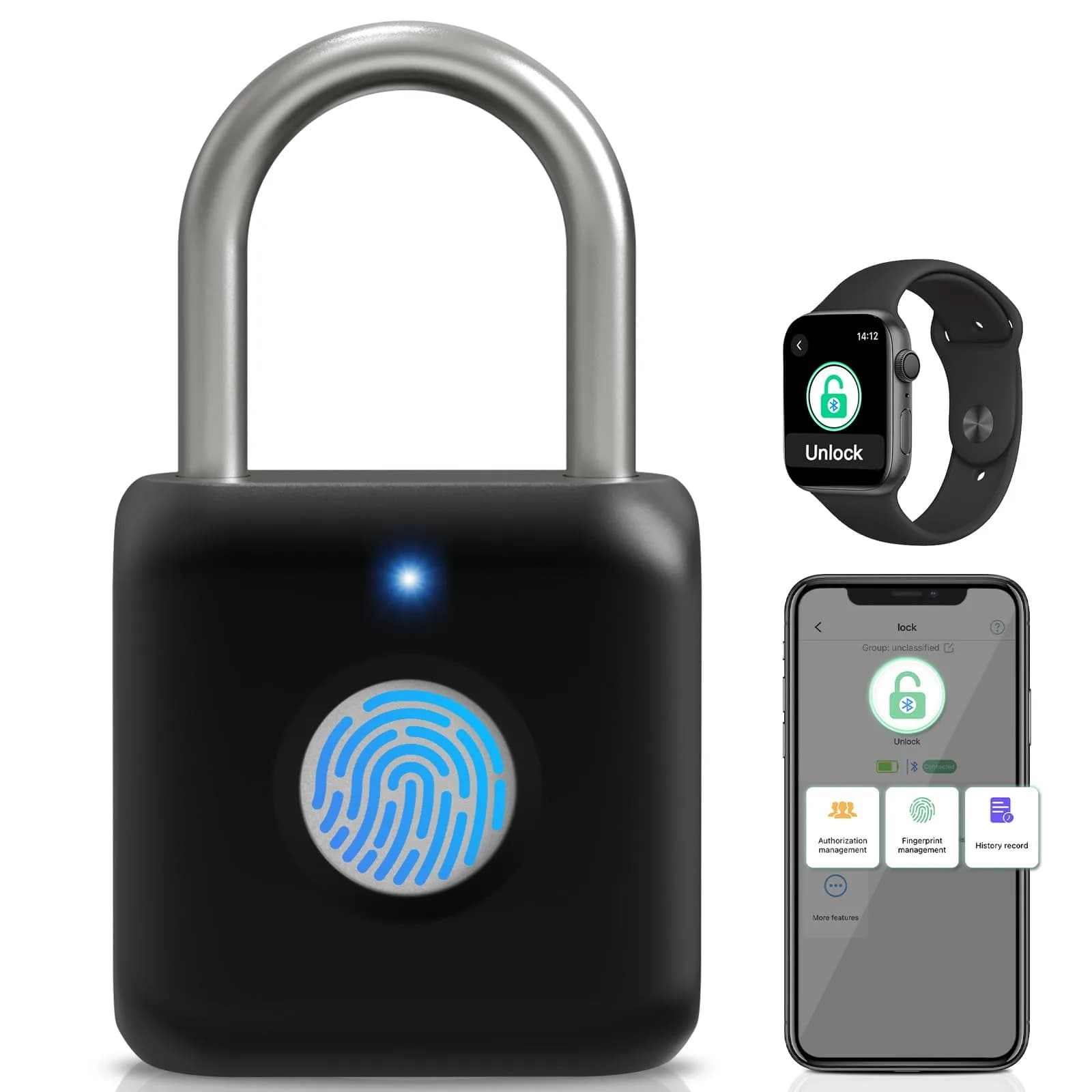 Pothunder Fingerprint Padlock Black | Smart APP Unlock, USB Rechargeable Locker Lock for Gym Doors - main product image